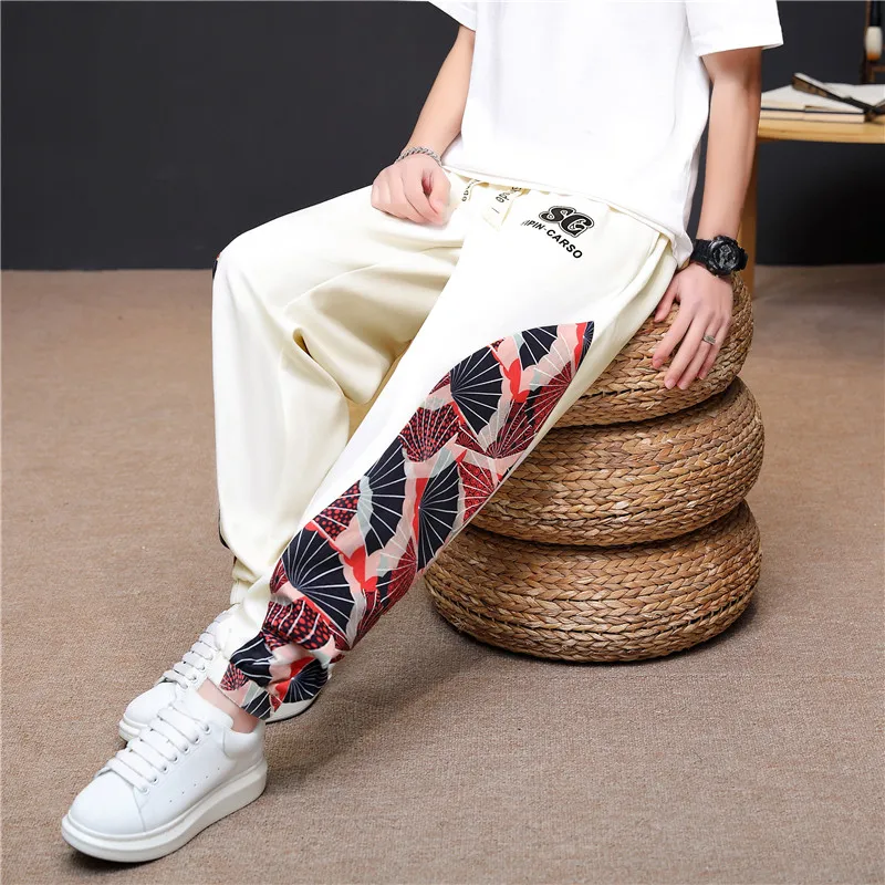 Spring Summer Men Pants Sports Outdoor Casual Trousers patchwork Lightweight Print Male Long cuffed pants