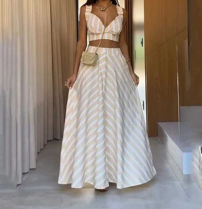 

Fashion Casual Lace Up Striped Dress Two-Piece Set Stripes Long Exposed Hollow Out Sleeveless Women's Elegant Set ﻿