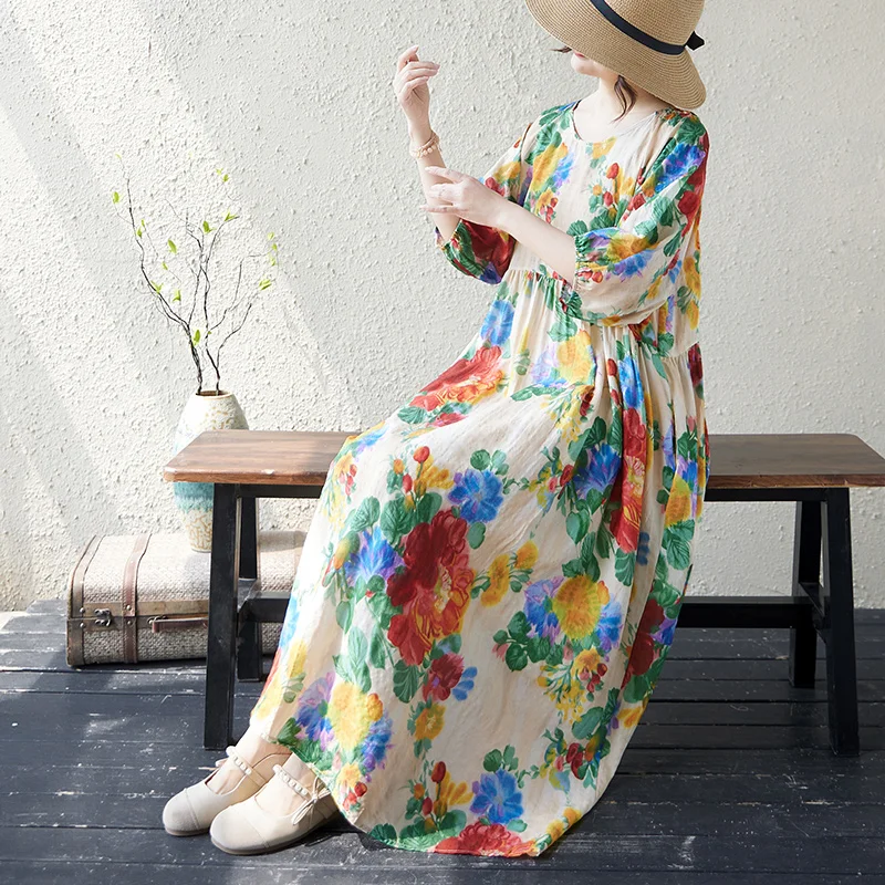 

New Summer Loose Cotton Linen Dress round Neck Lantern Sleeve Large Size Women's Dress Artistic Style Thinming Effect Long Dress