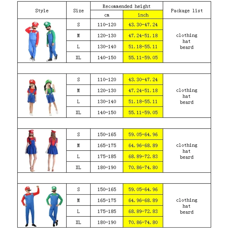 2025 New Halloween Aldult Kids Super Mari Luigi Bros Cosplay Costume Jumpsuit Dress Full Suit Party Boys Girls Fancy Costum abc