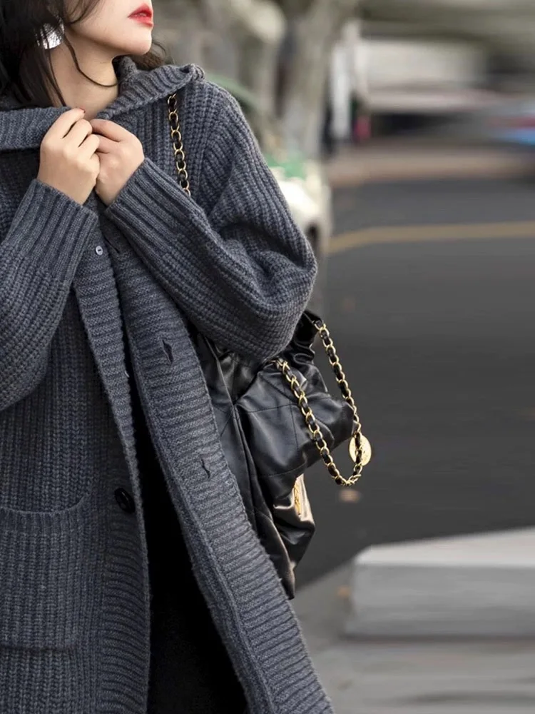 

Women's 100% Cashmere Thick Hooded Knit Cardigan Long Casual Loose Slim Fit Winter Sweater Coat with Pocket
