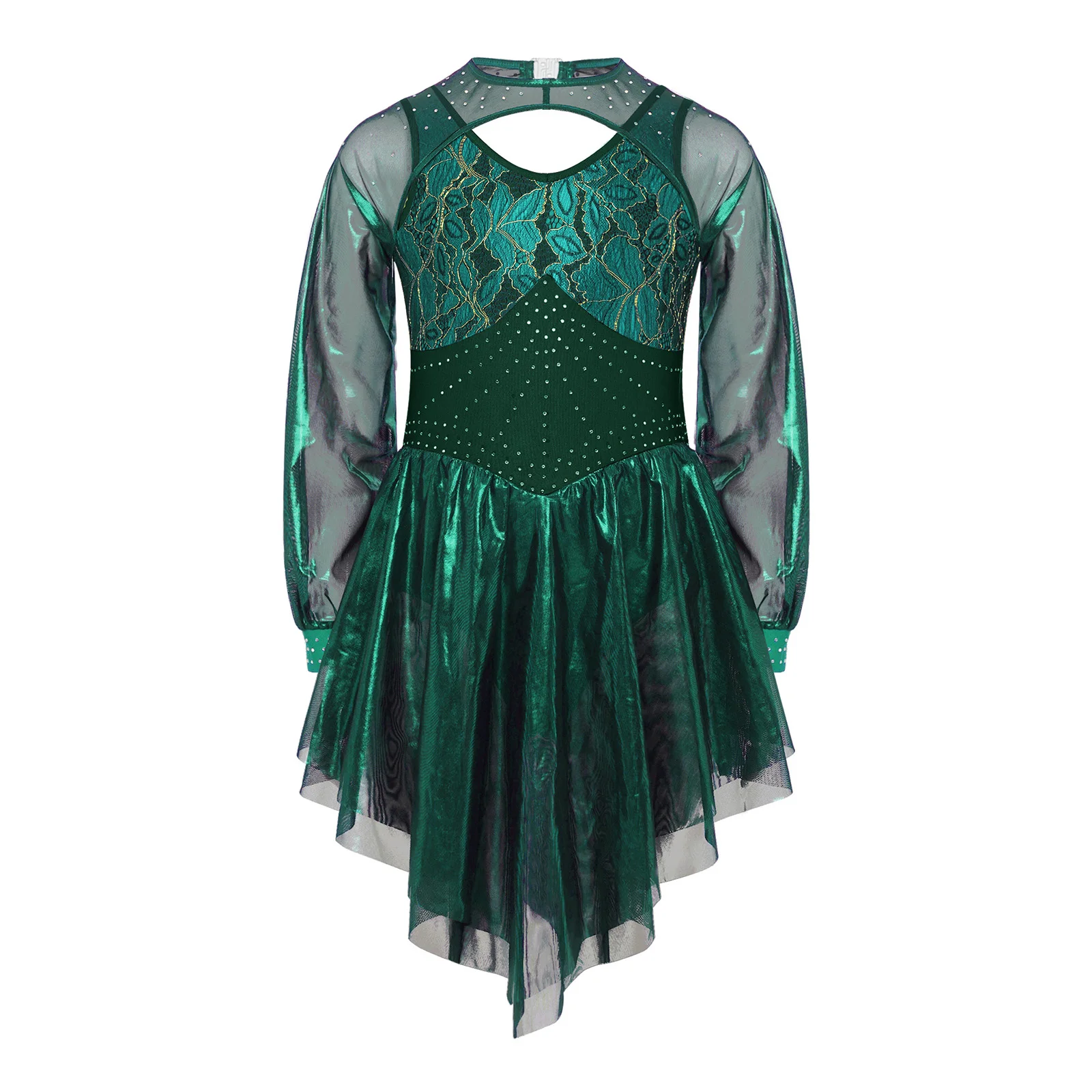 

Children Girls Dance Ballroom Performance Outfit Lace Rhinestones Bodice Lyrical Ballet Latin Dance Dress with Built-in Briefs