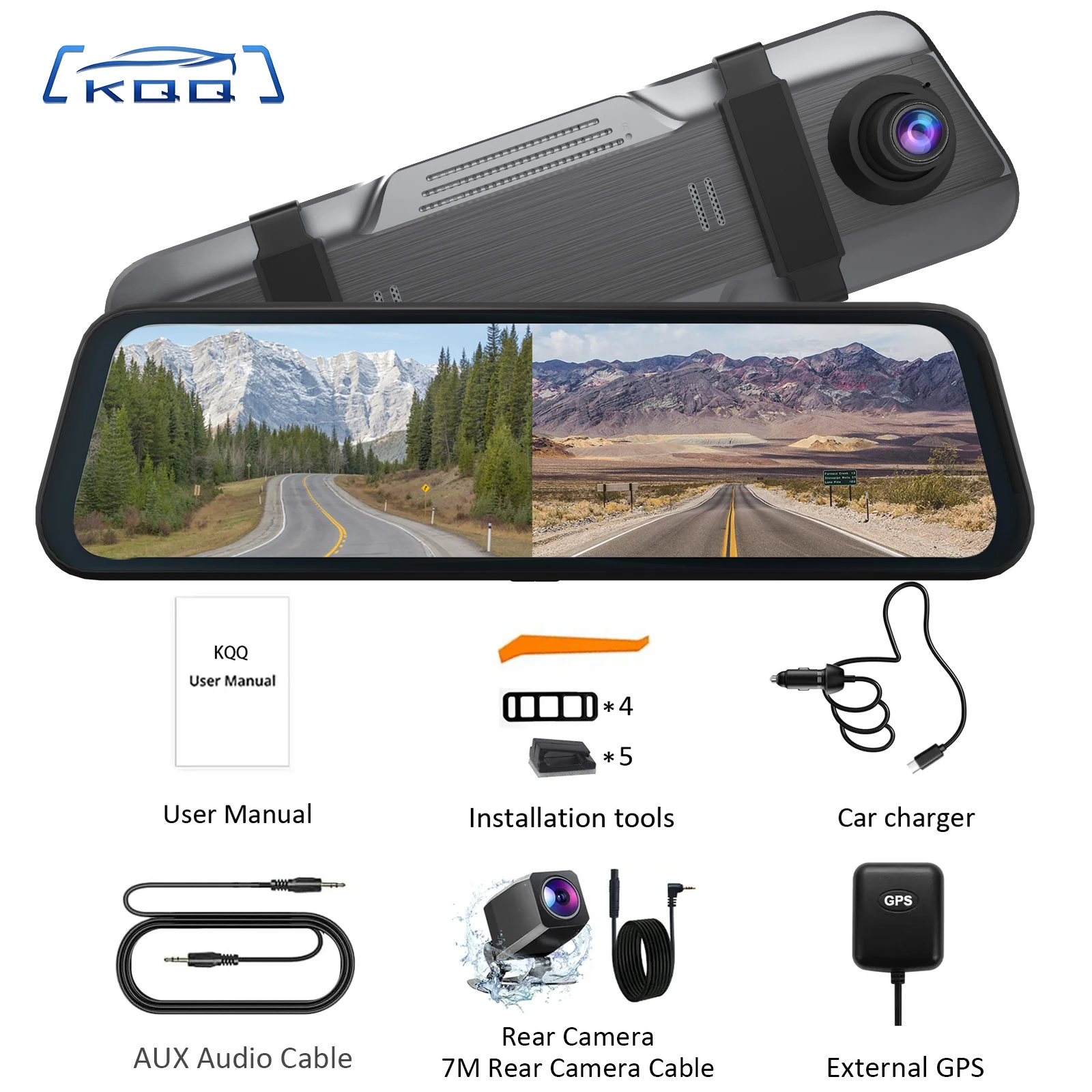 

KQQ 10" 4K Mirror Dash Cam with Wireless Carplay Android Auto WiFi Video Loop Recording Bluetooth GPS Navigation Voice Control