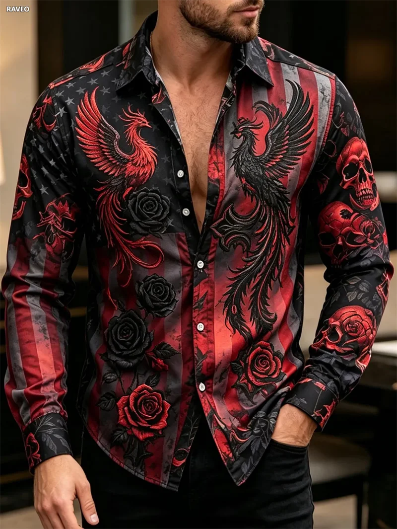New White Background Blues Angel Cross Print Men's Long Sleeved Shirt Retro Gothic Style Slim Fit Shirt