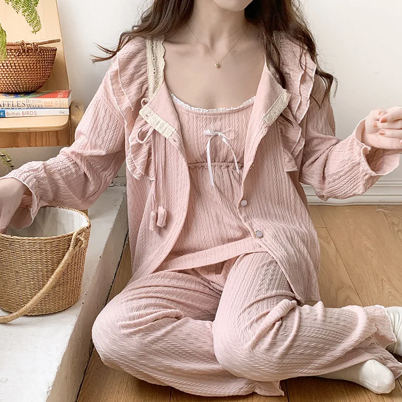 Autumn Three-piece Pajama Sets Lace Sleeping Pajamas For Women 2 Piece Set Outfit Chest Pad Pajamas Suspenders Top Pijama Mujer