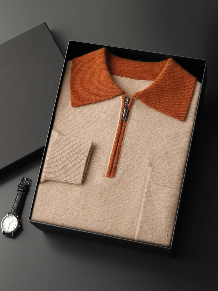 Maglione con colletto polo in colore a contrasto Autunno Inverno Pullover casual da uomo 100% maglieria in cashmere Mezza cerniera Design Abbigliamento maschile