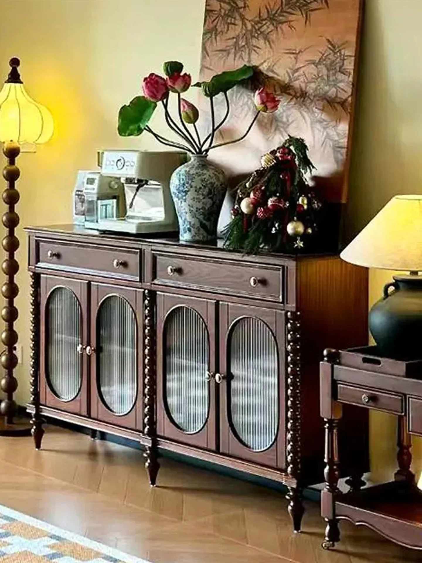 ^American Vintage Movable Middle Style Solid Wood Living Room Tea/Coffee Cabinet with Wall Storage
