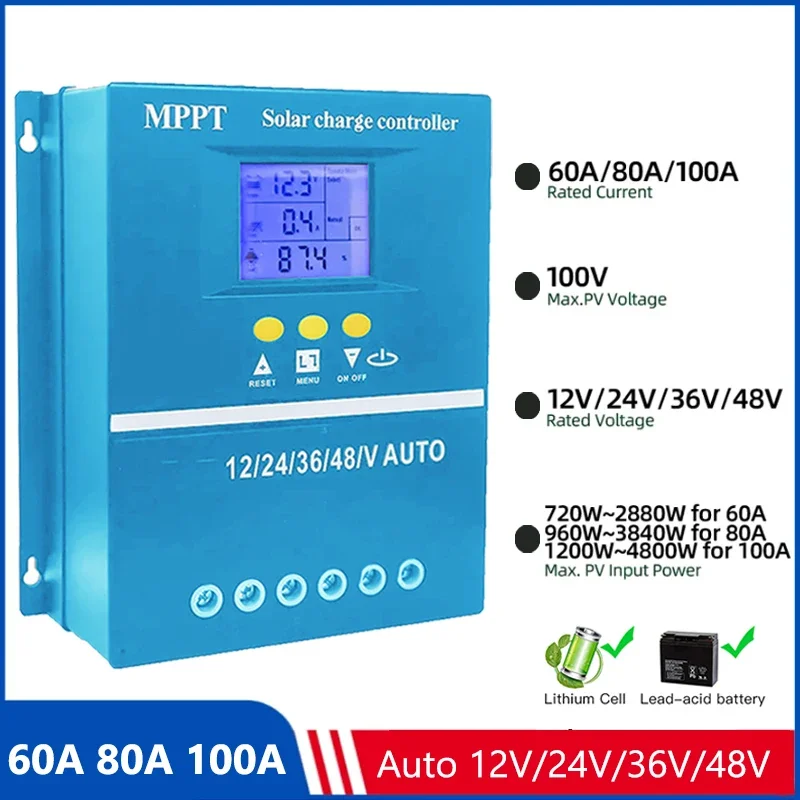 100A 90A 80A 70A 60A MPPT Solar Charge Controller Auto 12/24/36/48V LCD Dual USB Intelligent Regulator for Lead-acid/Lithium