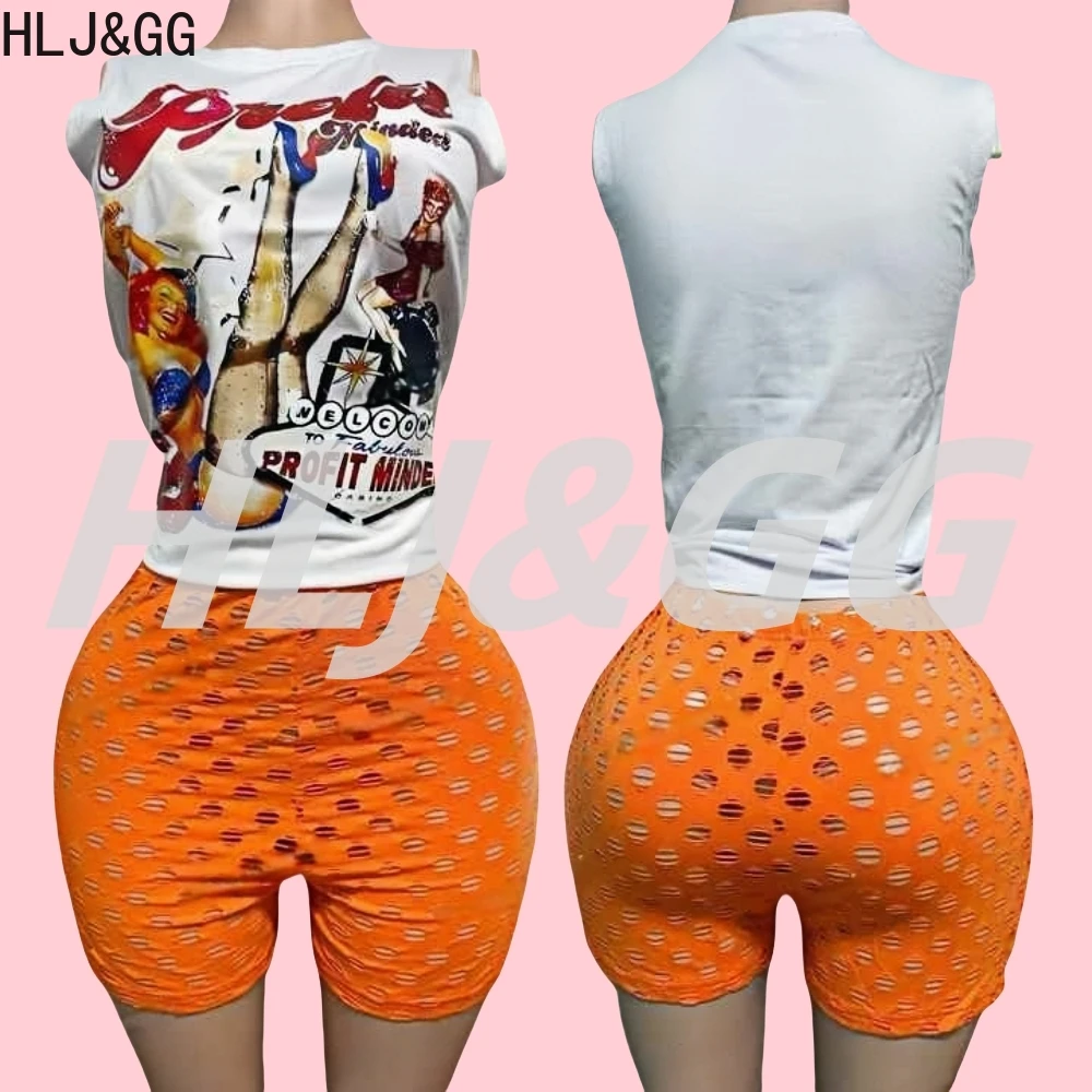 

HLJ&GG Summer New Graphic Tshirts Two Piece Sets Women O Neck Sleeveless Top And Hole Stretchy Shorts Outfits Fashion Streetwear