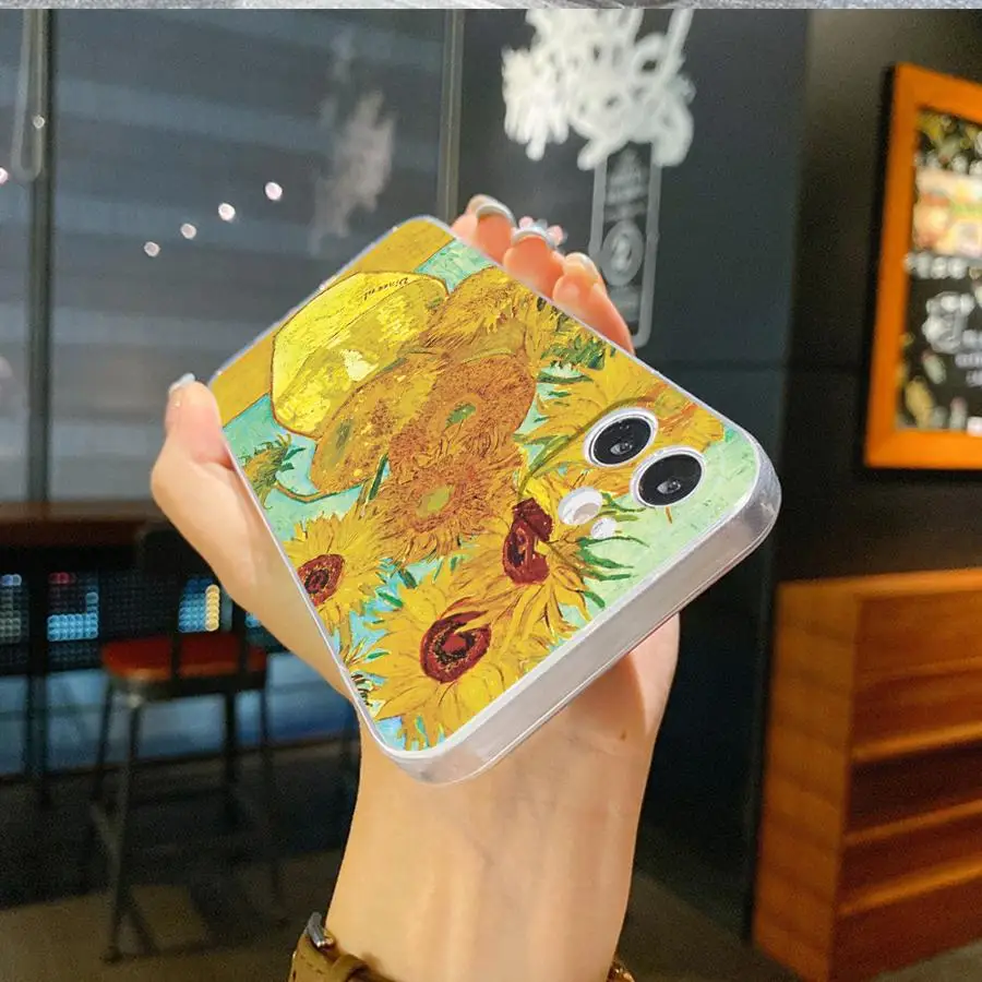فان جوخ عباد الشمس لينة غطاء الهاتف آيفون 12 Mini 16e 16 15 14 Plus 17 Air XR 13 12 11 Pro MAX 7 8