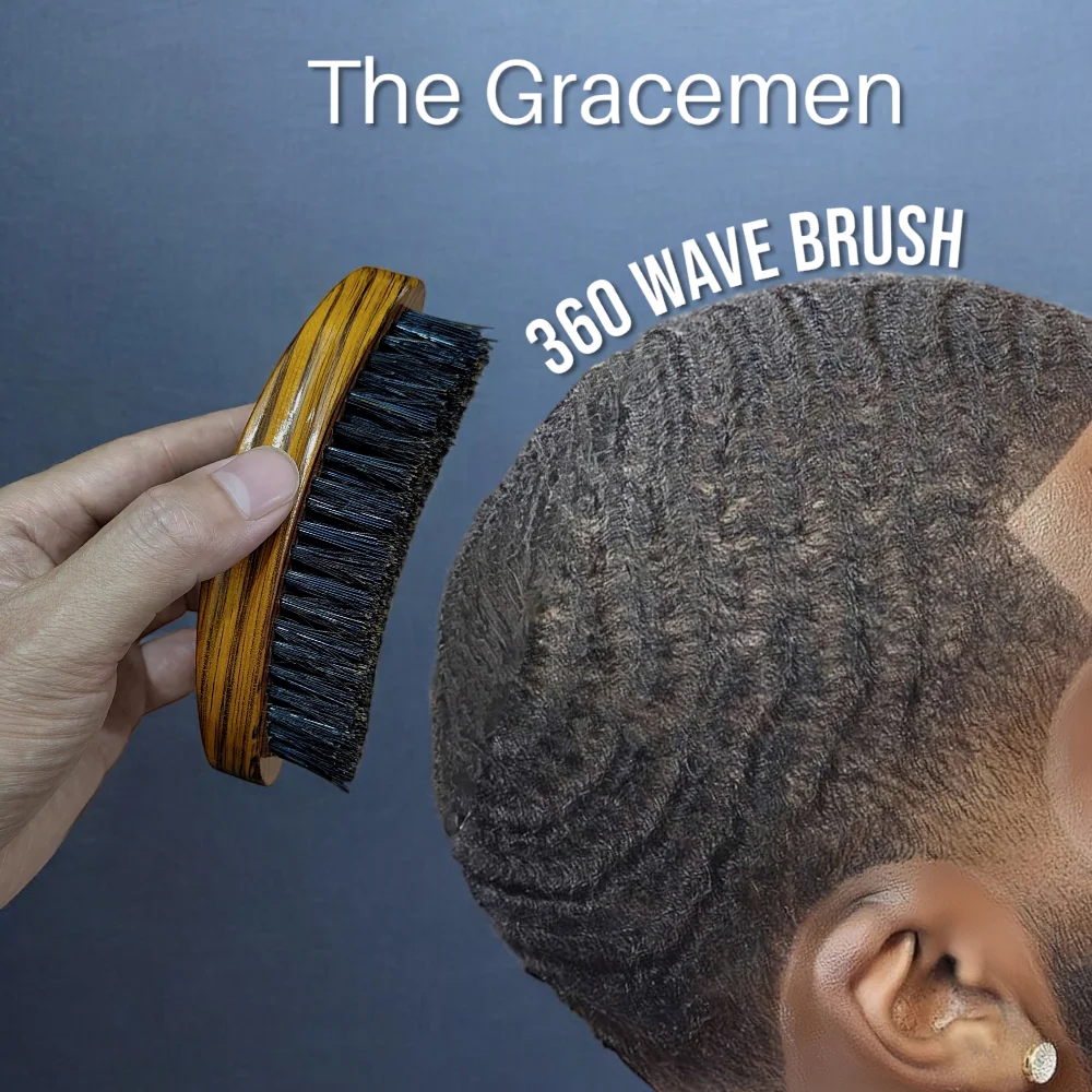 Gracemen 360° Wave Brush for Men Curved Hair Brush Medium Hard 50% Boar Bristles+50% Nylon Brush Yellow Color Hair & Beard Brush