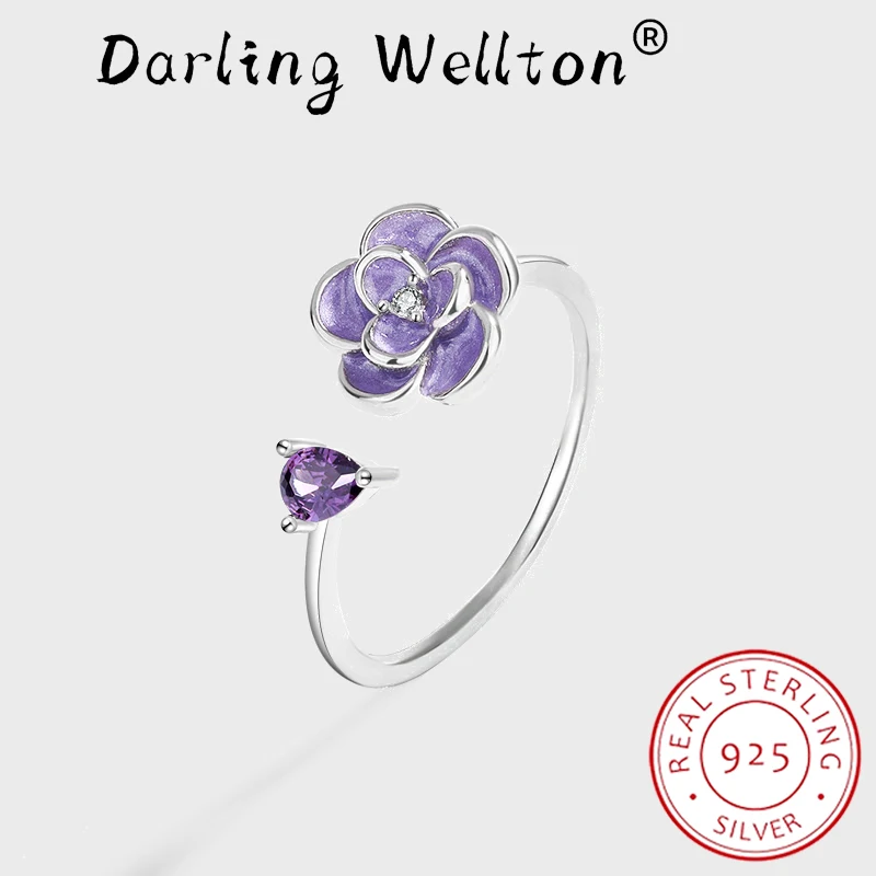 

Luxury Oval Amethyst Flower Full Diamond Couple Ring For Women Purple Crystal Original Sterling Silver Engagement Gift Jewelry