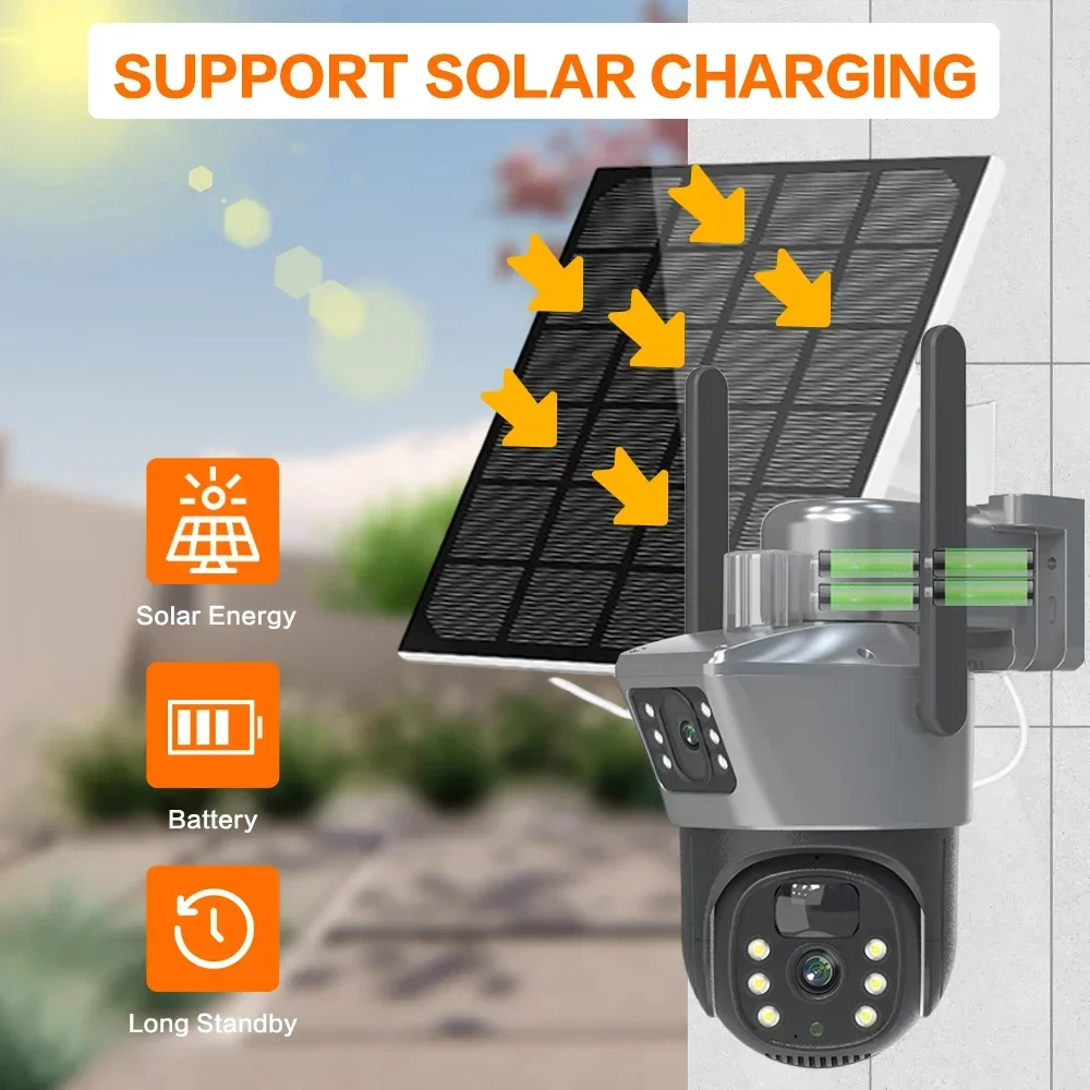 Imagem -02 - Câmera Cctv sem Fio Solar Power 4g Cartão Sim Lente Dupla Detecção Humana Pir Proteção de Segurança 4k hd ip Smart Home Ptz Cam