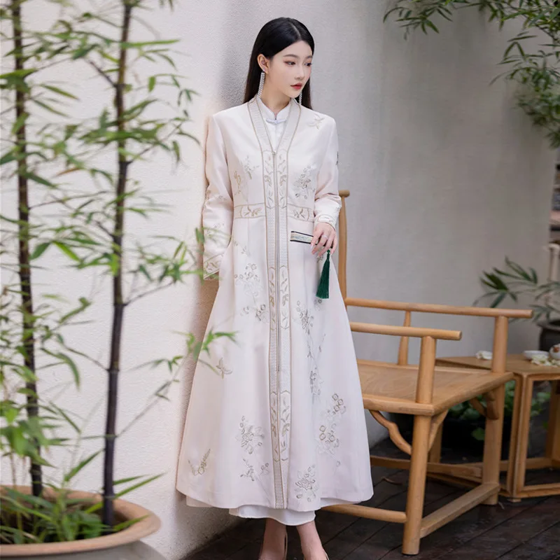 High-End Herfst Vrouwen Trenchcoat Retro Elegant Borduurwerk A-Line Lady Party Hanfu Jurk S-XXL