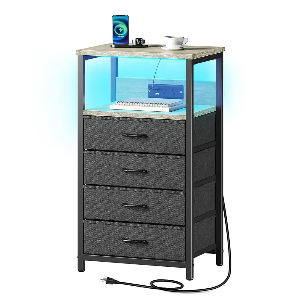 

Night Stand With Charging Station, Tall Nightstand With 4 Fabric Storage Drawers, Side Table With Led Light For Bedroom,
