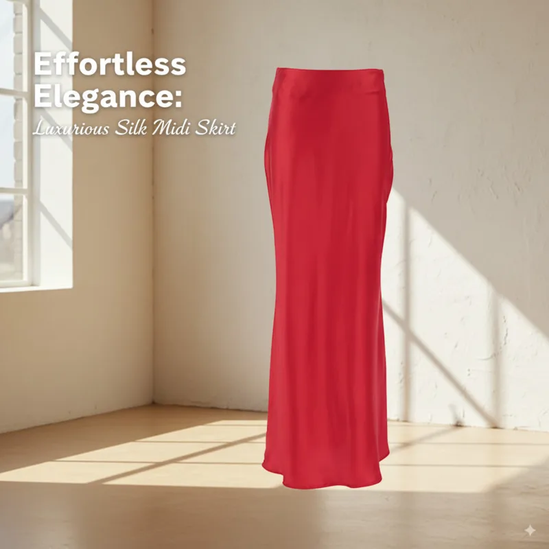 Elegant Red Satin Maxi Skirt For Women High Waist Long Straight Skirt Vacation Beach Wear Summer Fashion Draped Style Bottom New