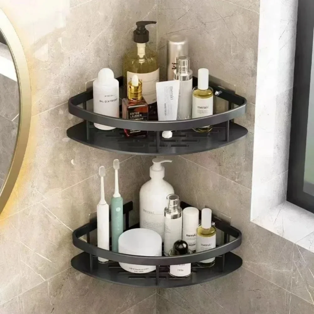 Corner storage Bathroom Organizer No Drill Wall Mount Bathroom Storage Shelf Shower Rack Organizer with Adhesive Drain Basket image 4