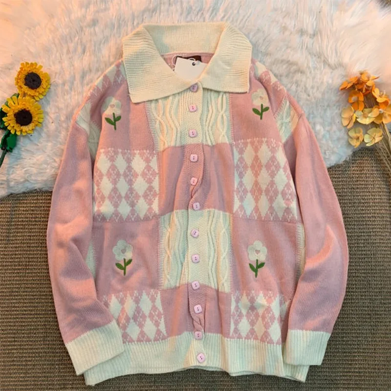 Y2k Harajuku Flower Loose Cardigan Women Autumn Winter Fashion Long Sleeve Korean Tops Chic Female Pink Plaid Knitted Sweaters