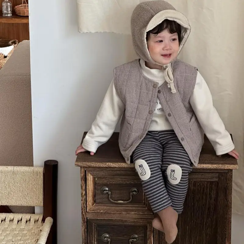 2025 inverno novo bebê sem mangas colete quente crianças casual listrado jaqueta meninos meninas velo colete moda crianças roupas