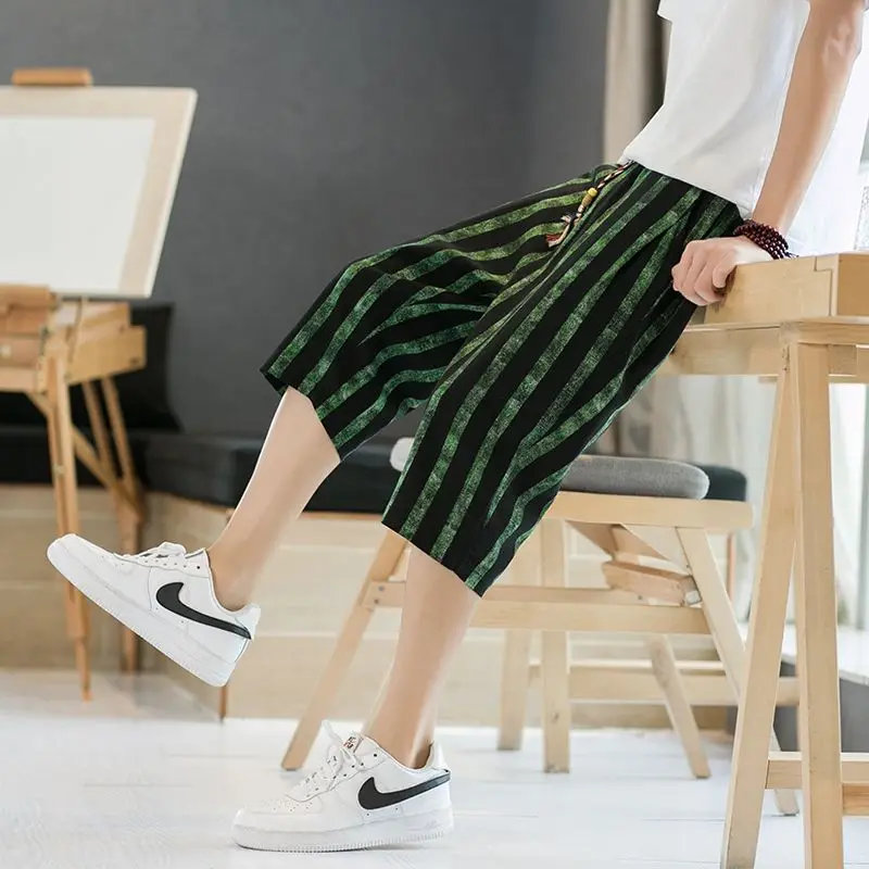 Trend Fashion Versatile Summer New Men\'s Elastic Waist Drawstring Striped Printing Chinese Style Loose Knee Lengt Board Shorts