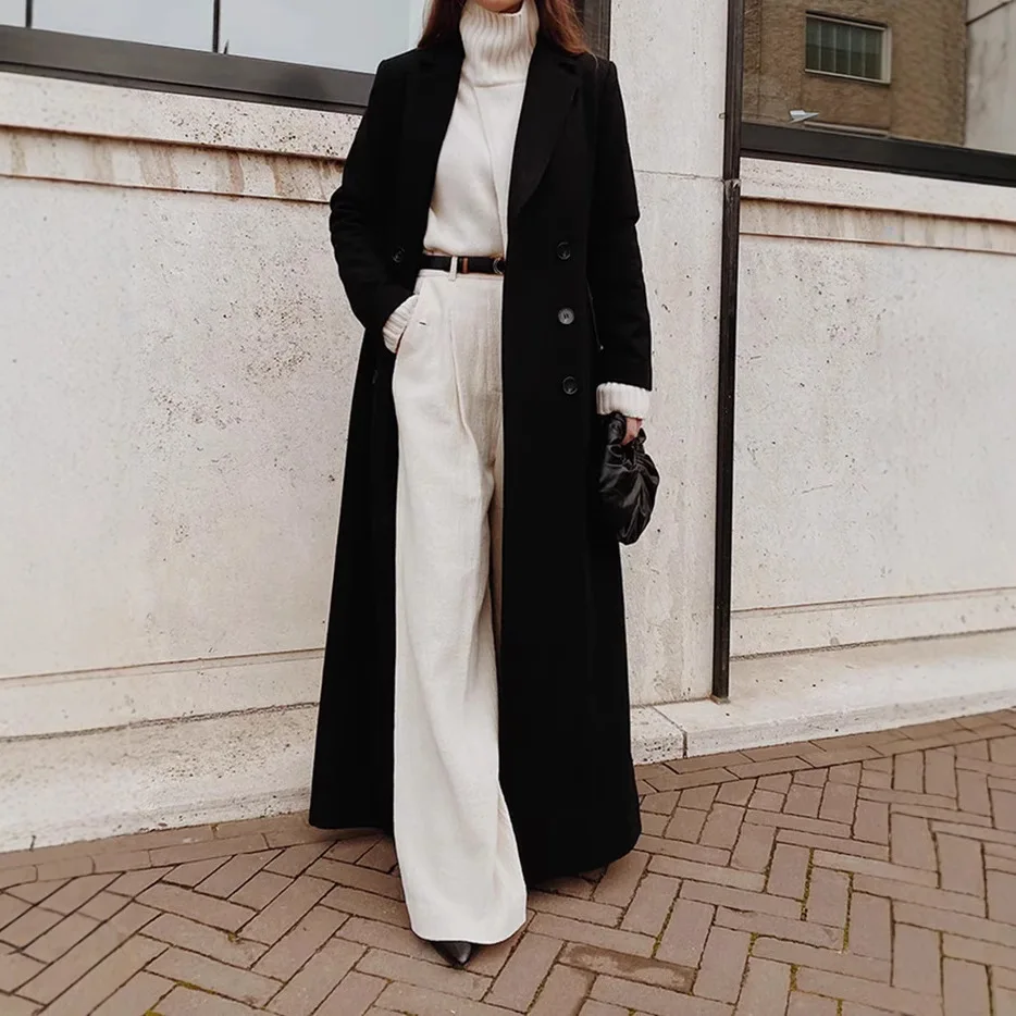 Overcoat Blends Solid Women Wool Jackets Cardigan Coats Ankle Length Outerwear Long Sleeve Turn Down Collar High Street