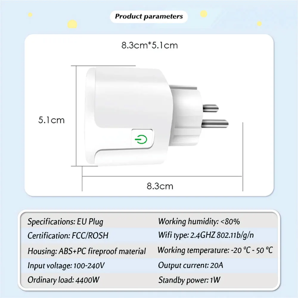 Smart Socket EU 16A/20A AC100-240V Wifi Smart Plug Power Outlet Alexa Google Home Voice Control Tuya Smart Life APP