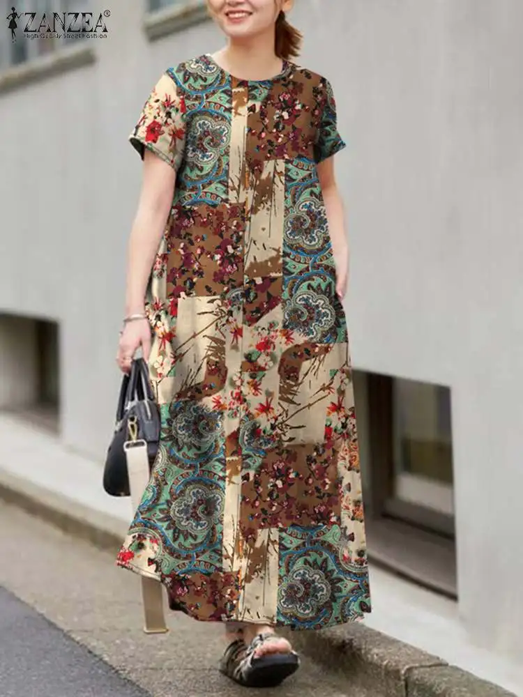 ZANZEA 2024 Summer Short Sleeve Cotton Dresses Vintage Floral Printed Dress For Women Casual Loose Long Sundress Retro Vestido