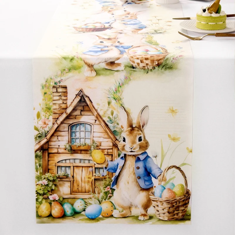 2025 Vintage Easter Table Runner Polyester Bunny Dining Table Cloth Spring Holiday Happy Easter Decoration For Home Party Gifts