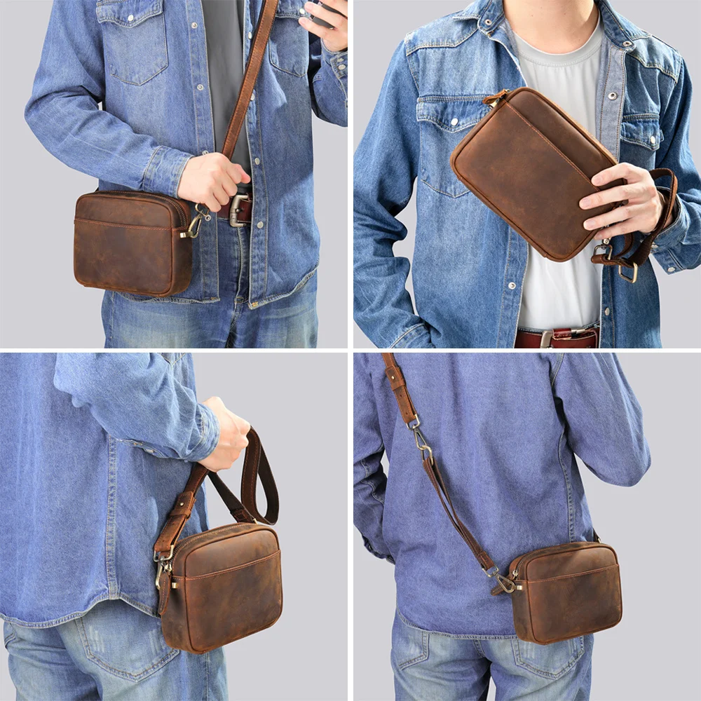 Bolso de hombro de cuero para hombre, bandolera de Crazy Horse, bolso de mano lateral con tirantes, 러러치백남성