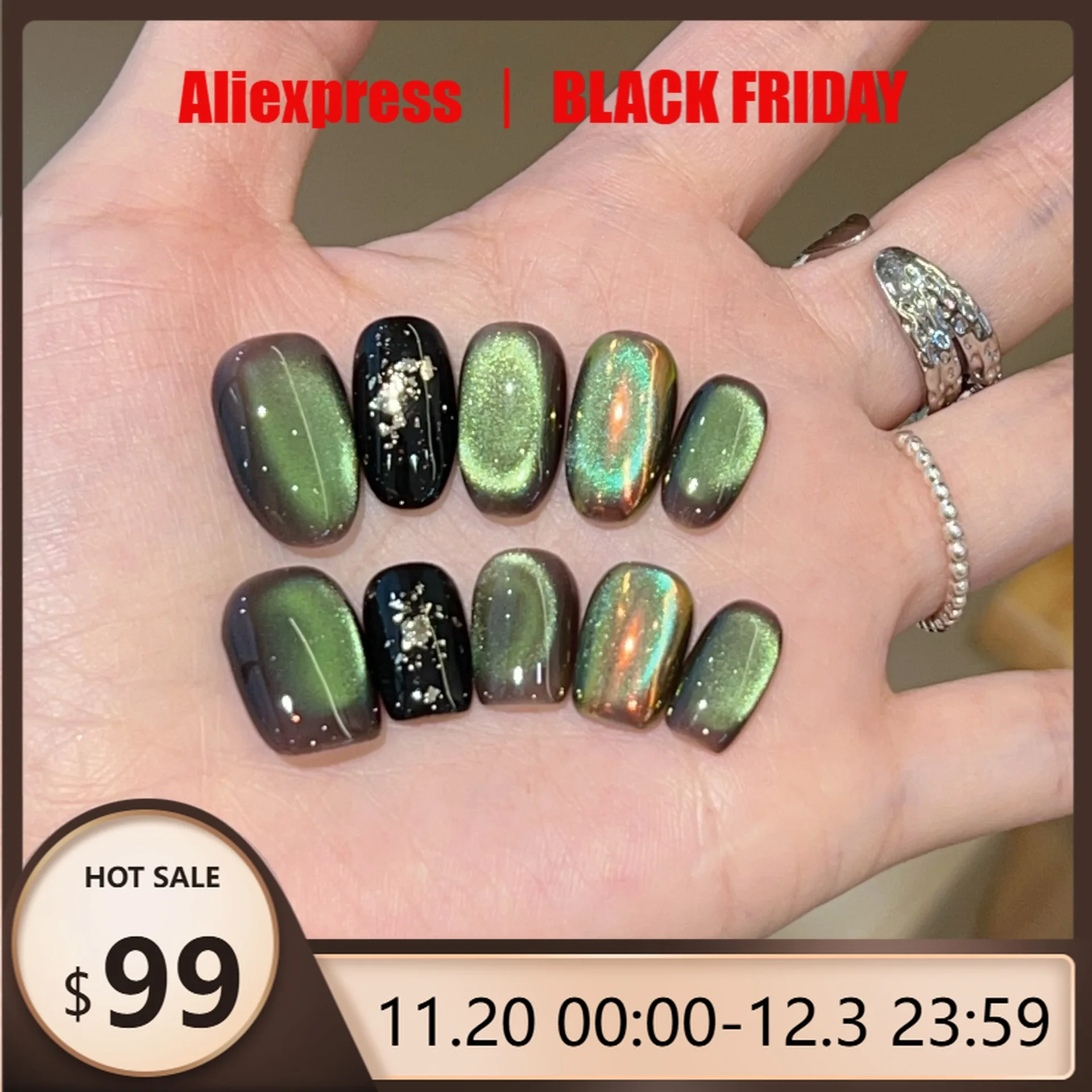 

10 шт., накладные ногти ручной работы, зеленая стеклянная бусина, кошачий глаз, Аврора, розовые накладные ногти для женщин и девочек, короткие съемные носимые накладные ногти