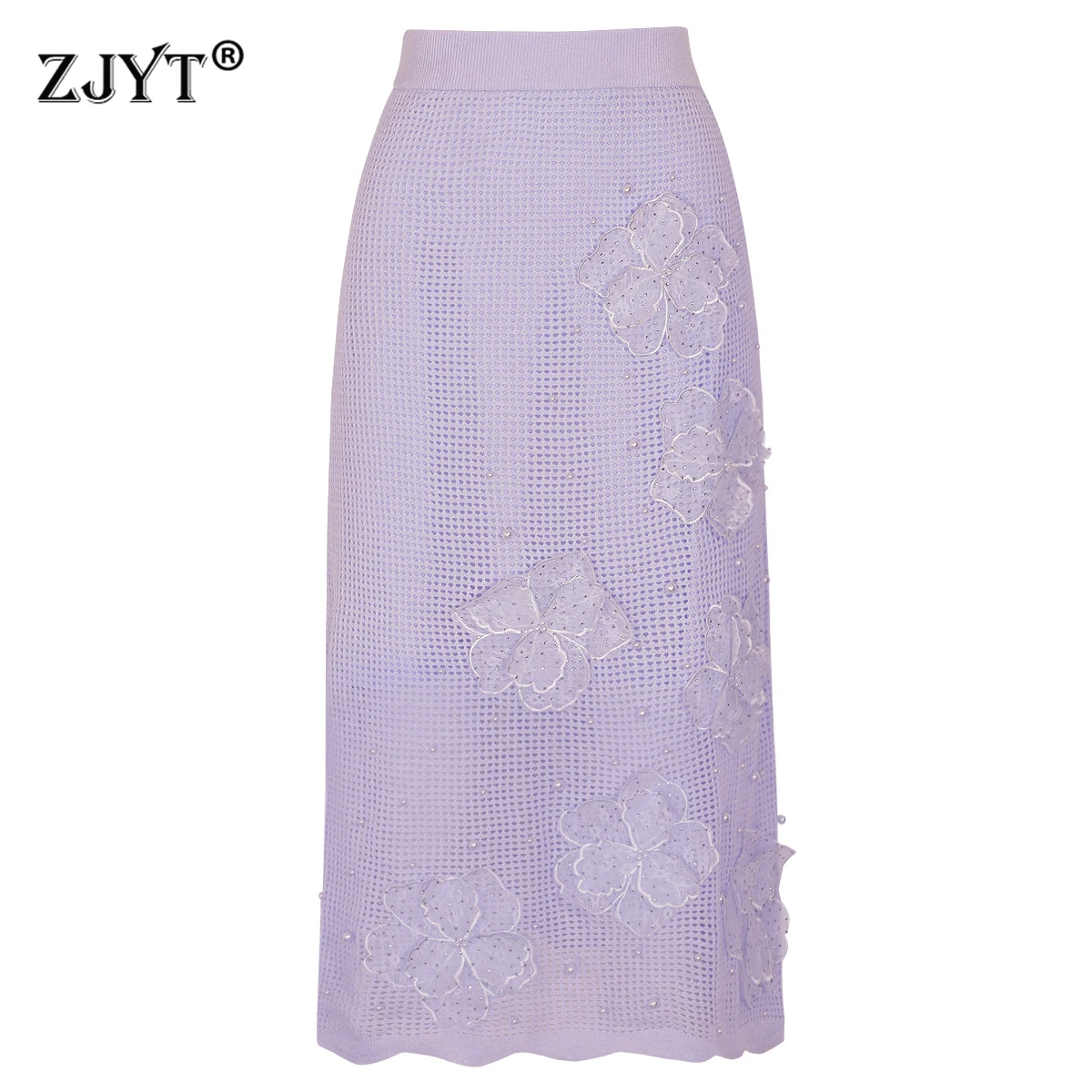 

ZJYT Summer Knitted Midi Skirts for Women 2026 Fashion Elastic Waist Purple Floral Beading Skirt Party Female Faldas Woman