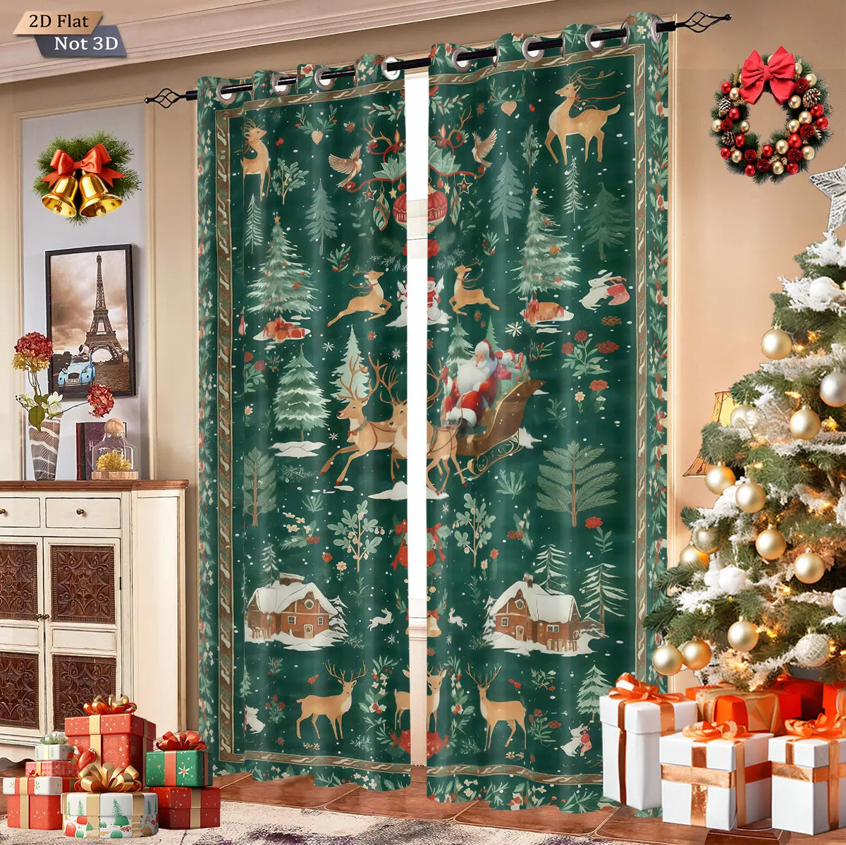 2 Stück Verdunkelungsvorhänge mit grünem Weihnachtsdruck, mehrere Größen, Isolierung für Wohnzimmer und Schlafzimmer, Urlaubsdekoration, maschinenwaschbar