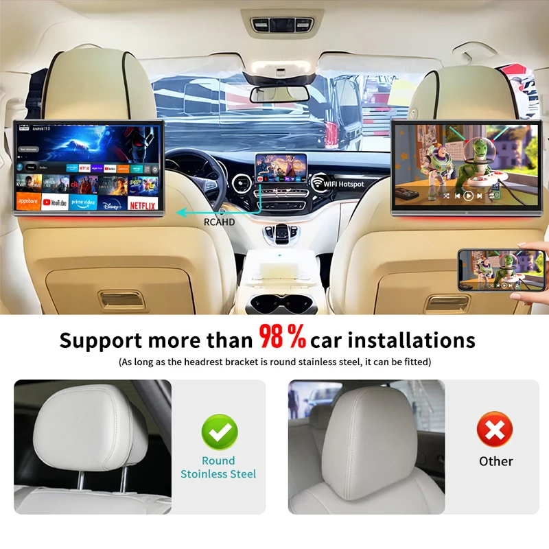 winkcron 14 pollici Auto Poggiatesta Monitor Tablet PC 4K Android 14 HDMI OUT Posteriore Multimedia Multifunzione Tablet PC 2G + 32GB ROM HDMI Airplay