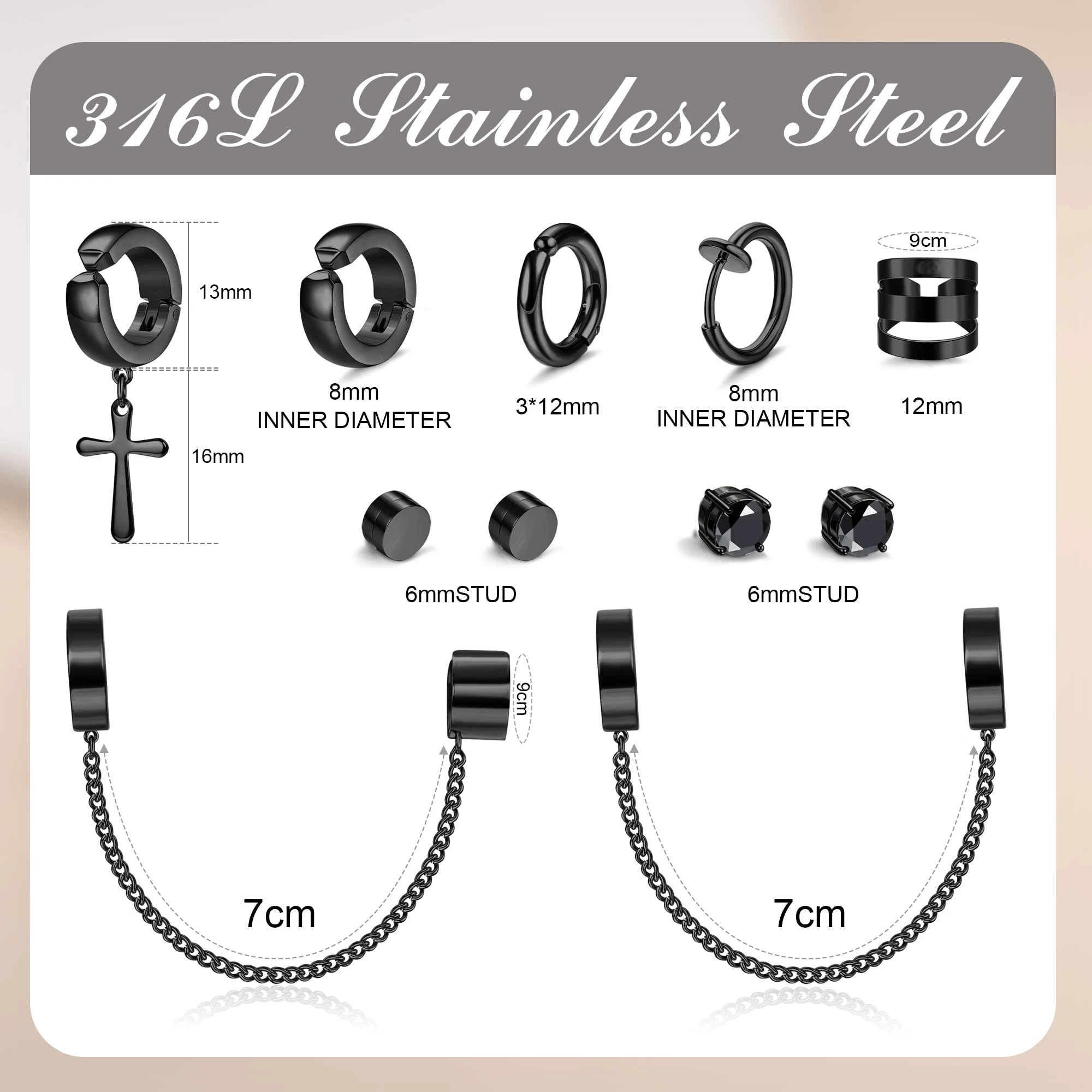 1-9 Pairs Black Color 316L Stainless Steel Non-Piercing Clip on Cross Chain Dangle Hoop Earrings CZ Magnetic Stud Earrings Set