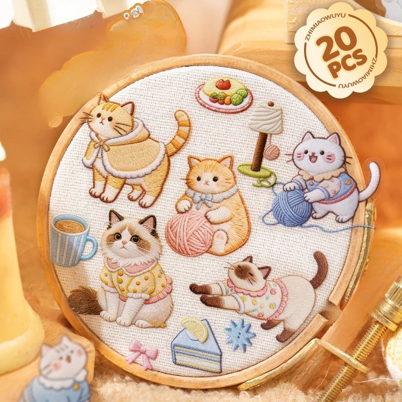 Cute Cartoon Square Kiss-Cut Sticker Book Weaving Cat Story Knitted Plush Style Decals for Journal Diorama Scrapbook Decor