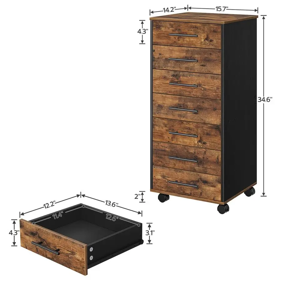 7Drawer File Cabinet, Wooden Office Cabinet with Drawers, Mobile Storage Filing Drawer for Home Office, Study, Easy Assembly, R