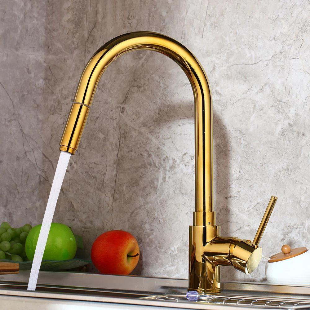 

YANKSMART Pull Out Faucet Kitchen Gold Swivel Mixer Deck Mounted Faucet Mixer Pull Out Kitchen Mixer Tap Solid Brass Water Taps