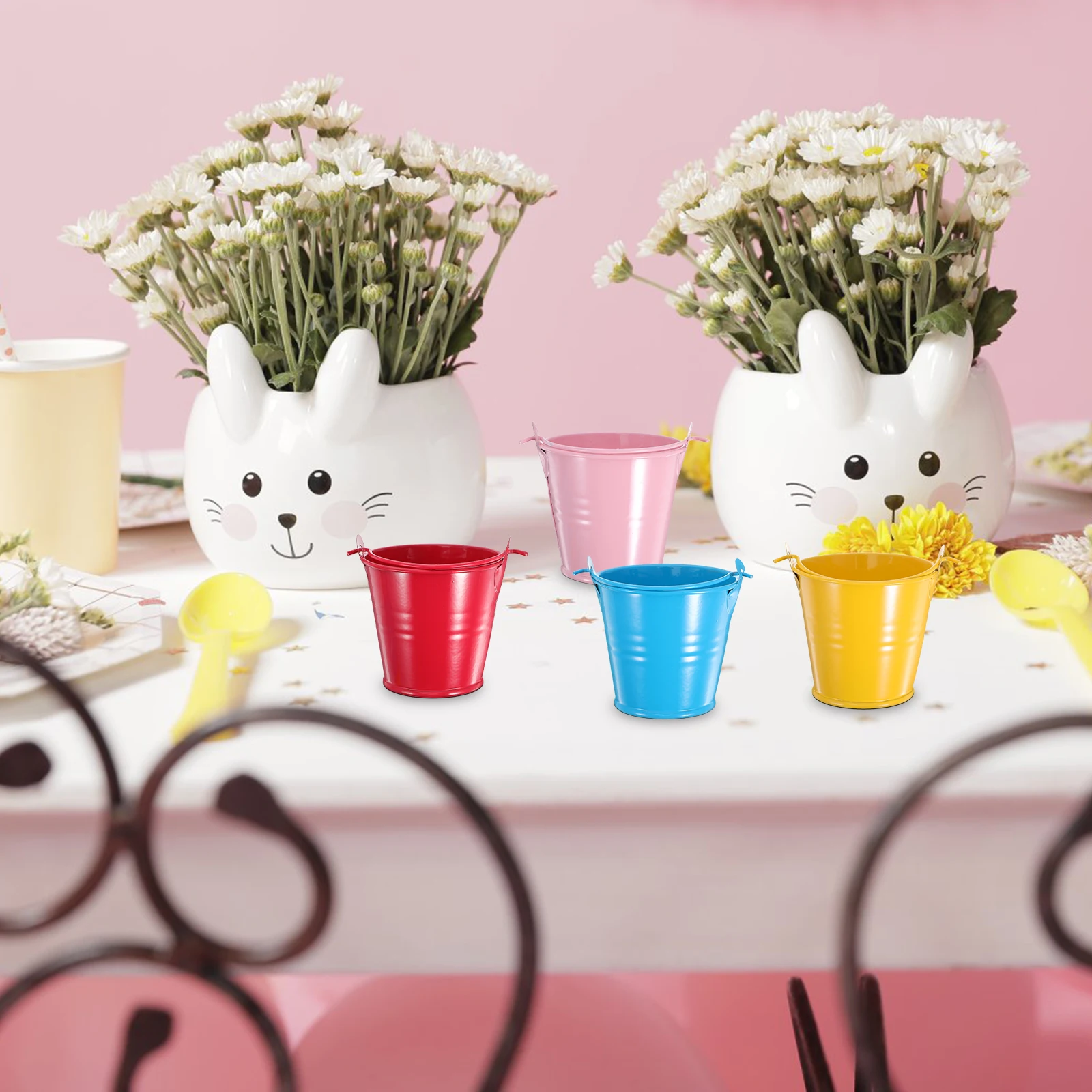 

4pcs Mini Colored Buckets Cute Candy Decoration Popcorn Fries Handles Beach Child Iron Bucket Craft Party Favor Storage Tin