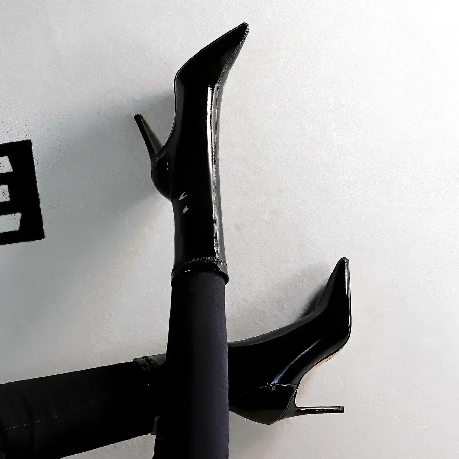 BIGTREE Shoes Stiletto Pointed Toe ANKLE Boots Black Patent Leather Sexy Thin High Heel Boots Winter Boots Pole Dancing