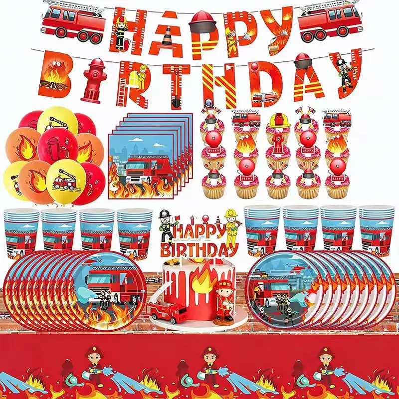 Decoração de festa de aniversário de bombeiro, pratos, copos, guardanapos, toppers de bolo, banner, caixa de doces, sacos de presente, suprimentos para festa infantil