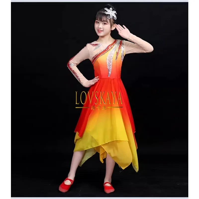 Chinese classical dance performance costumes red New Year\'s Day children modern dance dresses performance costumes