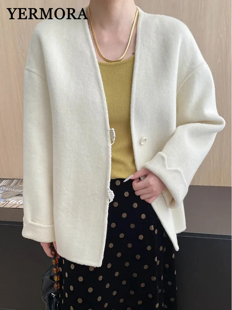 YERMORA Coffee Button Brief Warm Wool Jacket For Women V-Neck Long Sleeve Loose New Coat Fashion Tide Autumn Winter 2025