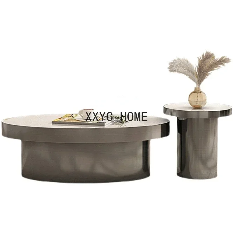 

Современный минималистичный комплект для гостиной: овальная тумба под ТВ и журнальный столик из нержавеющей стали с каменной столешницей