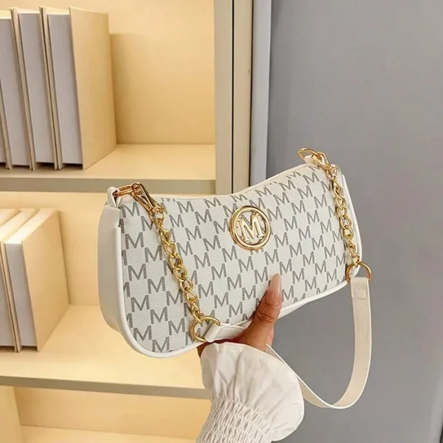 1pc French Retro Underarm Bag For Women, New Letter Print Small Square Crossbody Shoulder Bag With Adjustable Strap & M Logo, Zipper Closure, Suitable For Commuting & Casual Outings, Light Brown/White/Black, Multifunctional Handbag, Fashion Accessory, Ele