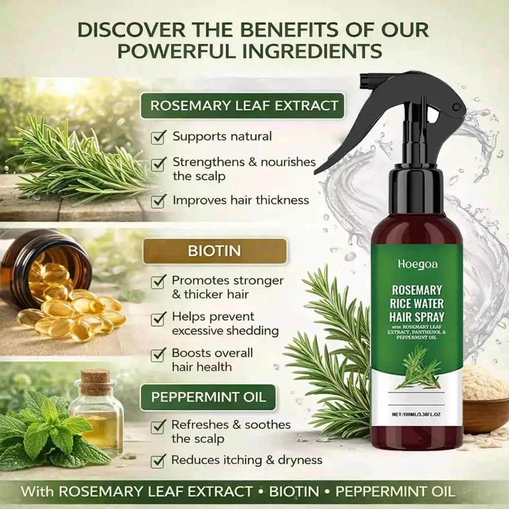 for Men & Women Rosemary Rice Water Hair Growth Spray with Peppermint Biotin Advanced Scalp Treatment for Thinning Hair Regrowth