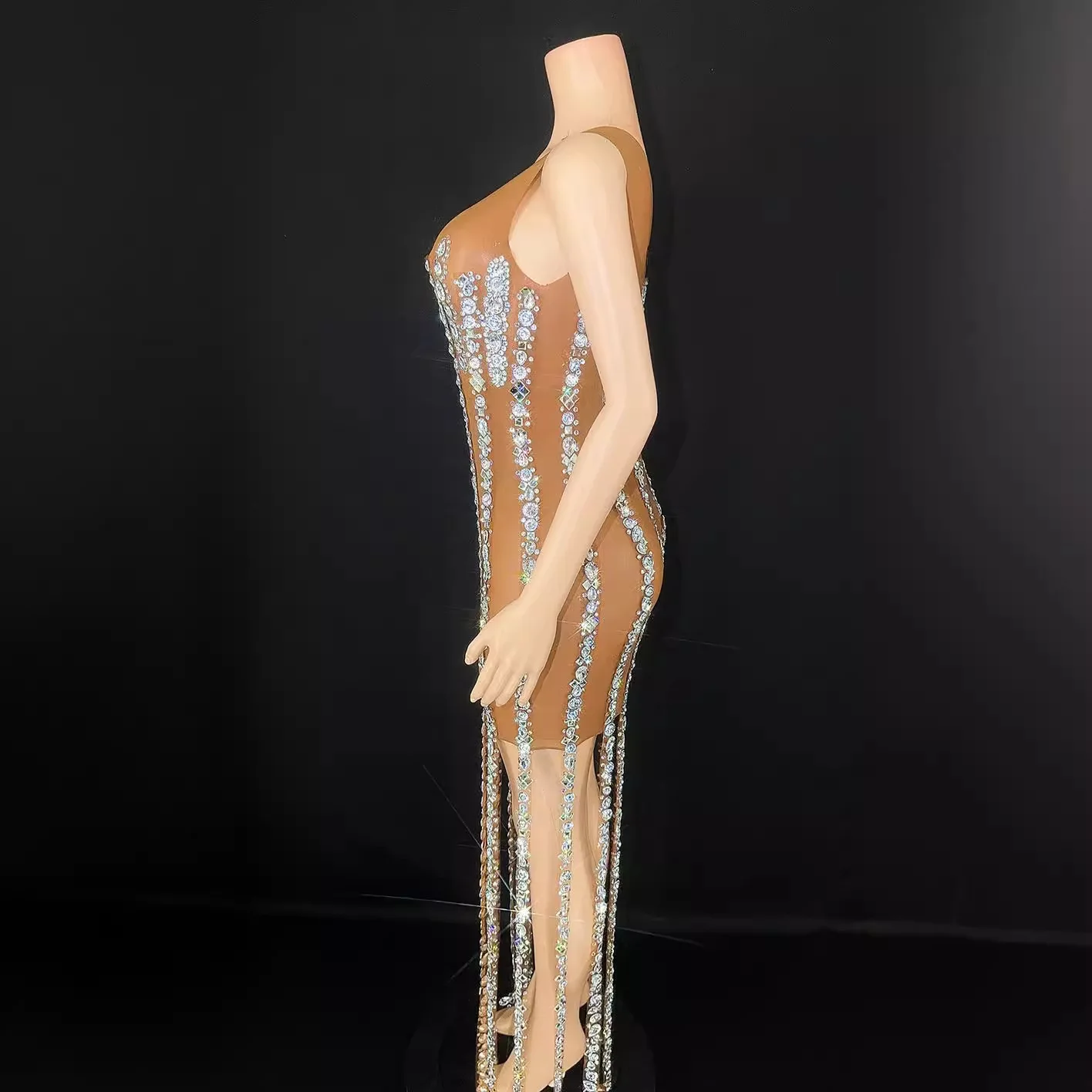 Diamond Long Dress Birthday Clothing Dark Brown V Halter U-neck Sleeveless Short Slim Silver Diamond Chain Long Tassel 이브닝 롱 드레스
