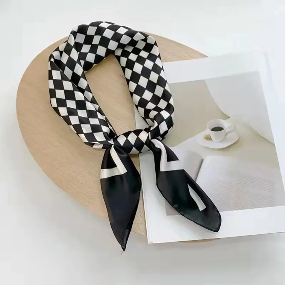 70X70cm Square Scarf for Women Retro Checkerboard Pattern Silk Scarf Professional Decorative Silk Scarves Apparel Accessories