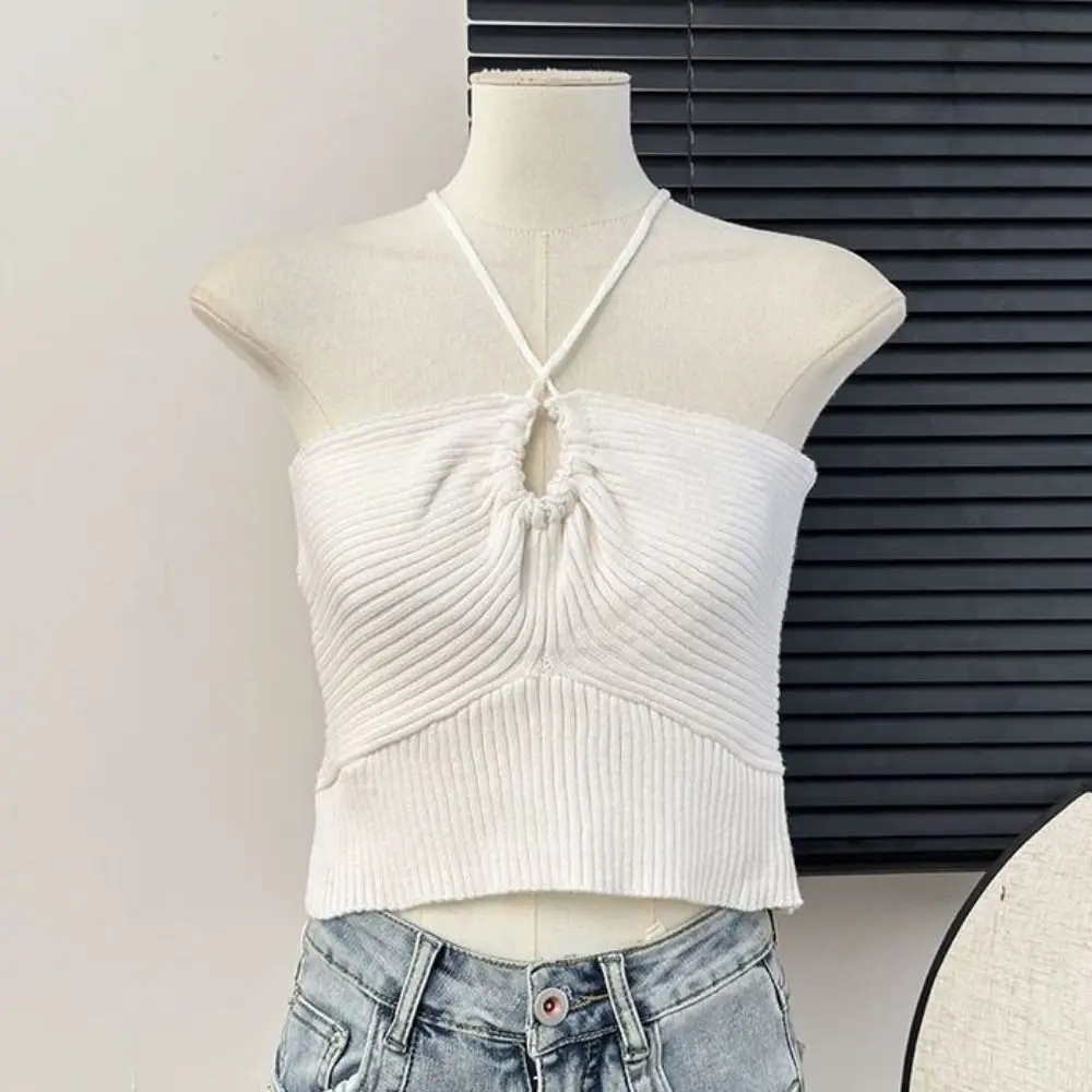 

Hollow Out Knitted Slim Crop Top Y2K Tank Women's Halter Vest Top Undershirt Round Neck Sleeveless Knit Camisole Seaside