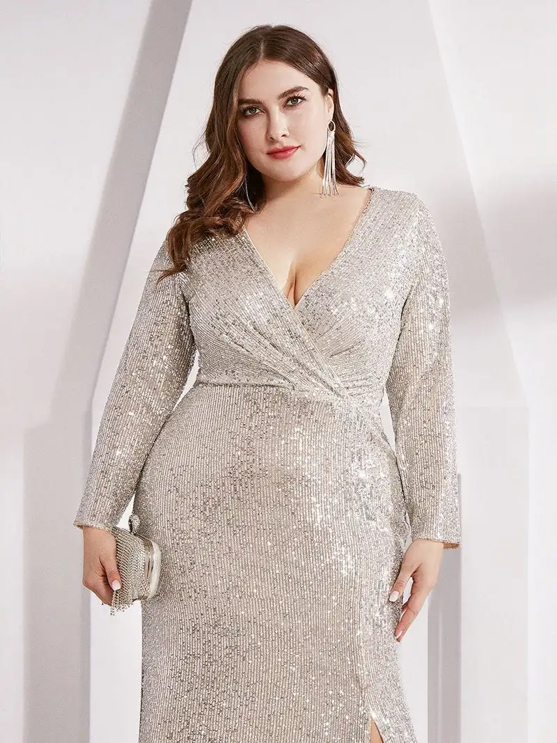 Plus Size suknie wieczorowe z dekoltem w szpic długie rękawy o linii cekinowa suknia o długości do podłogi 2024 zawsze ładna z prostego sukienka na