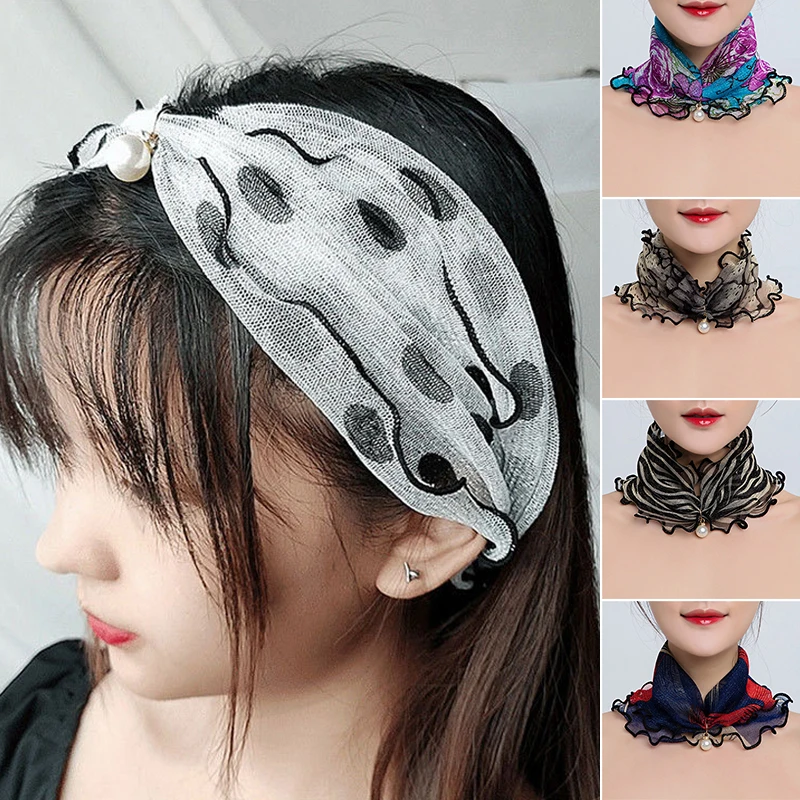 Women Lace Beaded Scarf Ruffle Pearl Pendant Chiffon Scarves Summer Thin Anti-UV Scarf Women Driving Riding Neck Collar